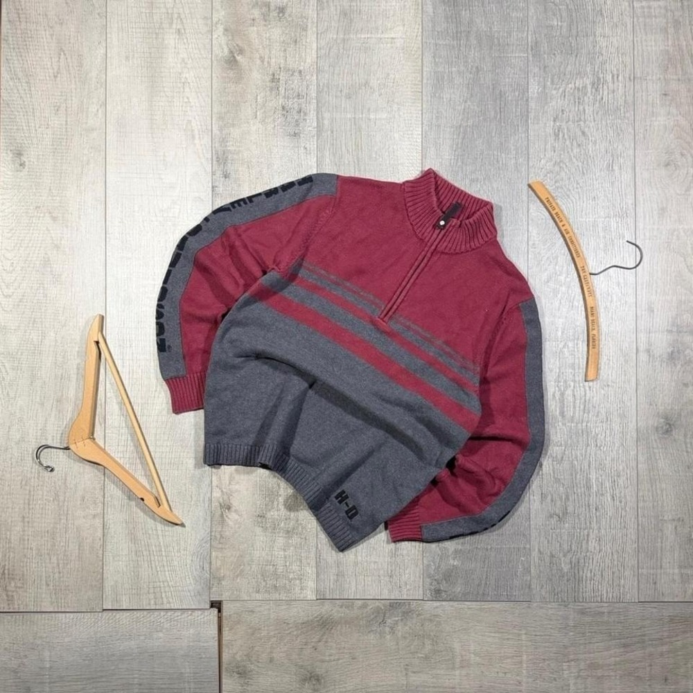Vintage 2000s grey and red striped Harley Davidson quarter zip biker sweatshirt